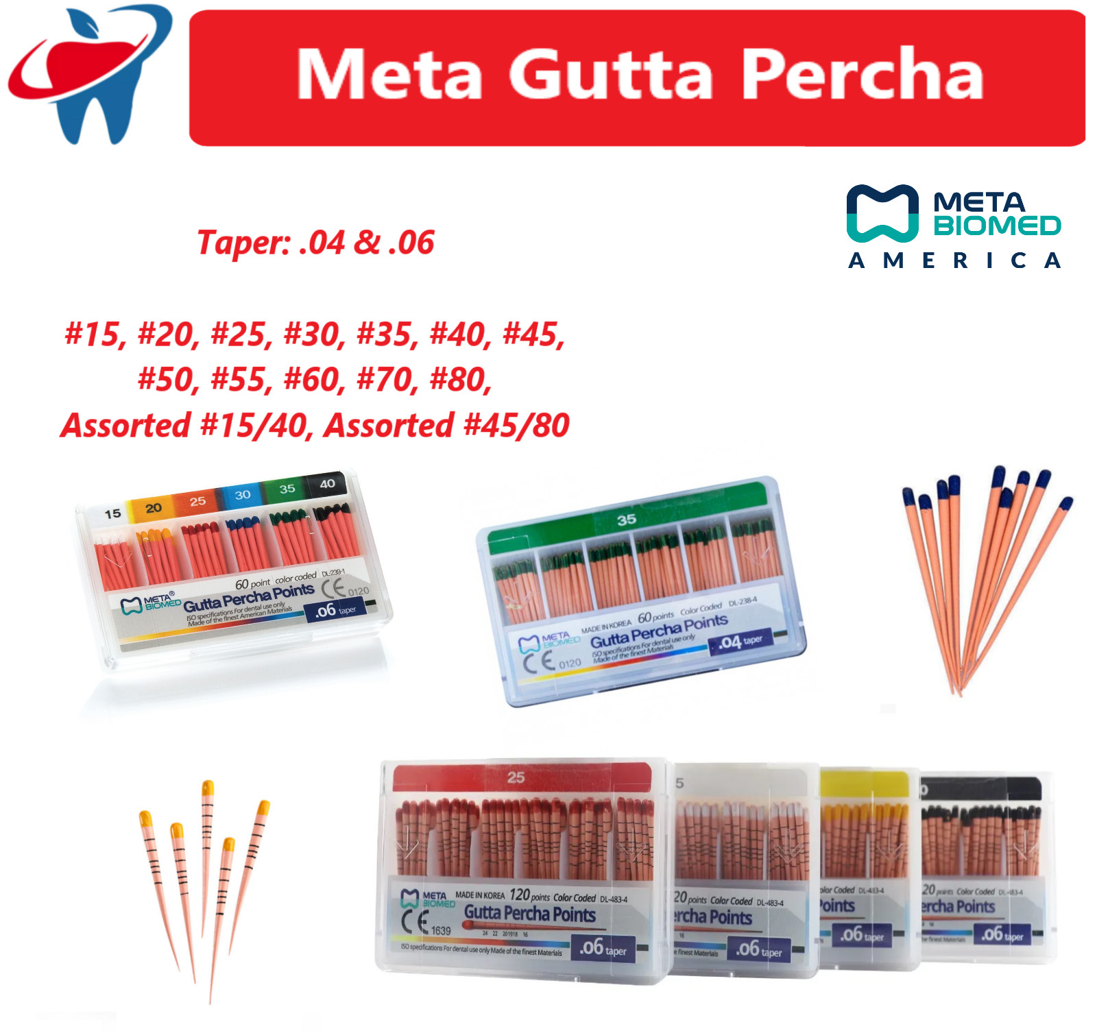 Dental GUTTA PERCHA POINTS Taper .04 /.06 All Sizes #15 -#80, Endo Meta Biomed