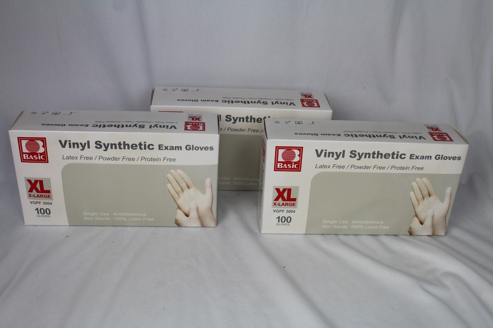 3 Boxes Basic Vinyl Synmax Exam Gloves 100 Ea Box XL VGPF3004