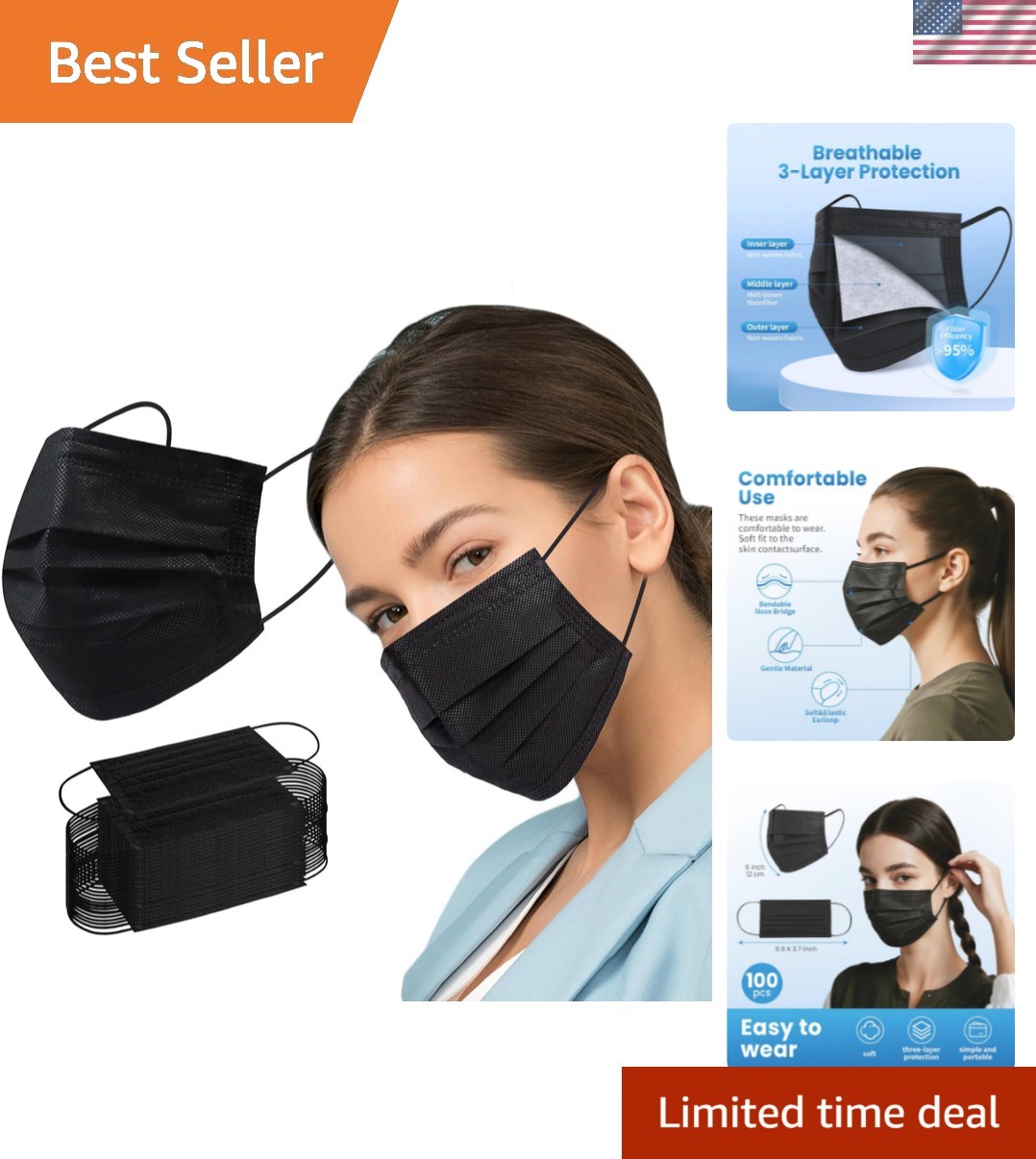 Disposable Face Mask, 100 PCS Black Masks, 3 Ply Protection Face Masks