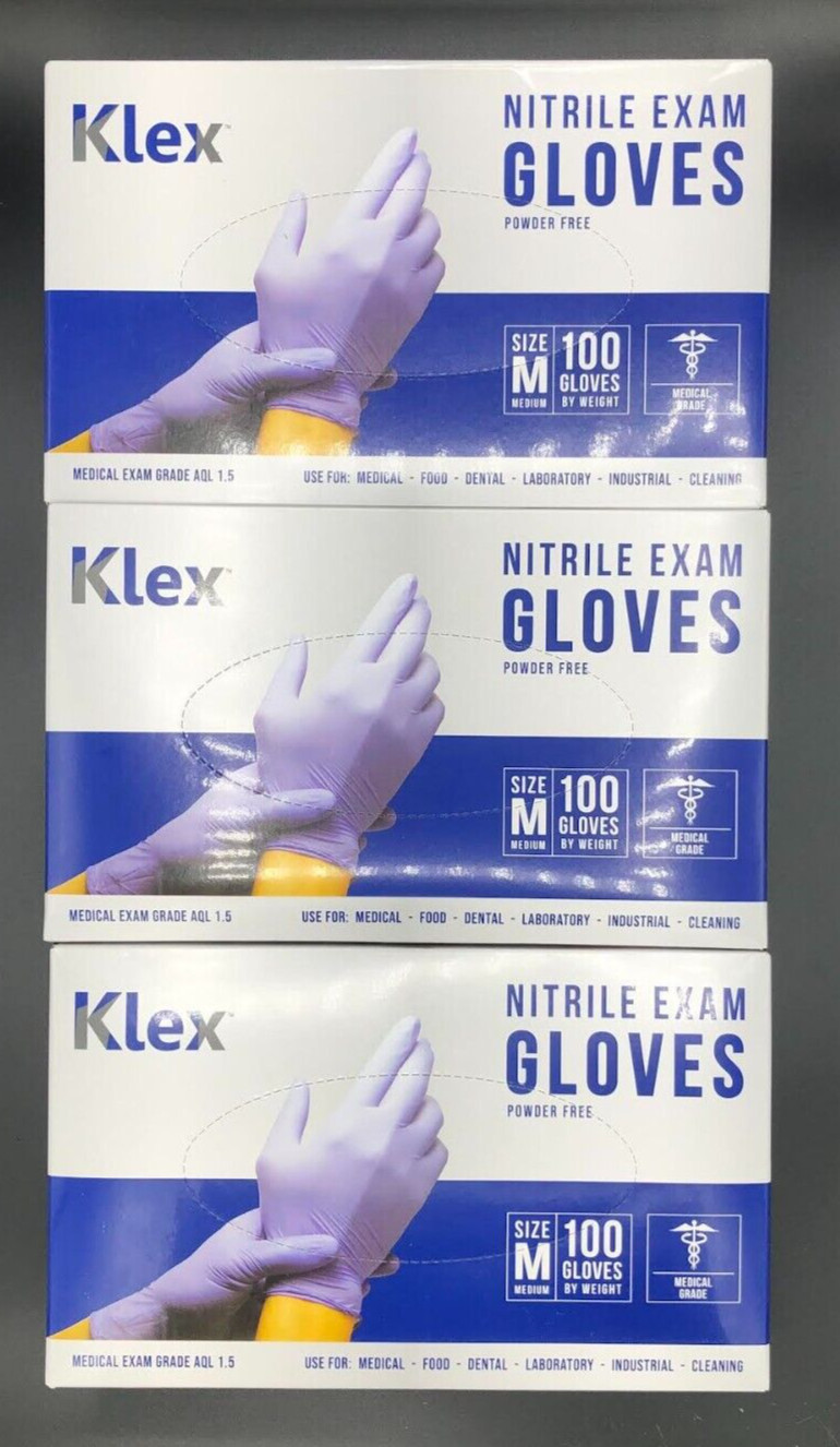 Klex Nitrile Exam Gloves Medical Exam Grade, Powder Free, M, Lot of 3 Exp. 06/27