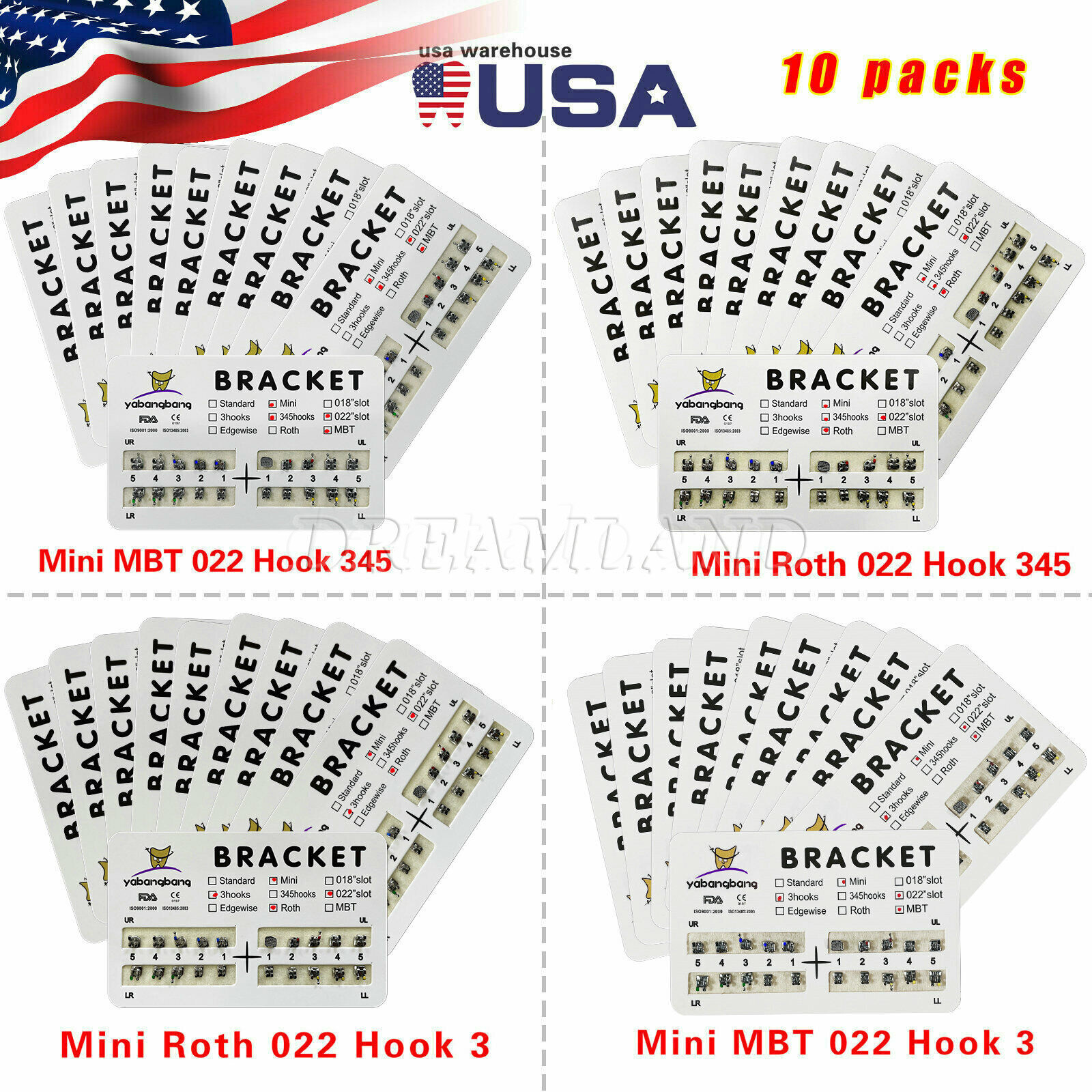 10 Packs Dental Metal Brackets Brace Mini/Standard Roth/MBT Slot.022 3/345 Hooks