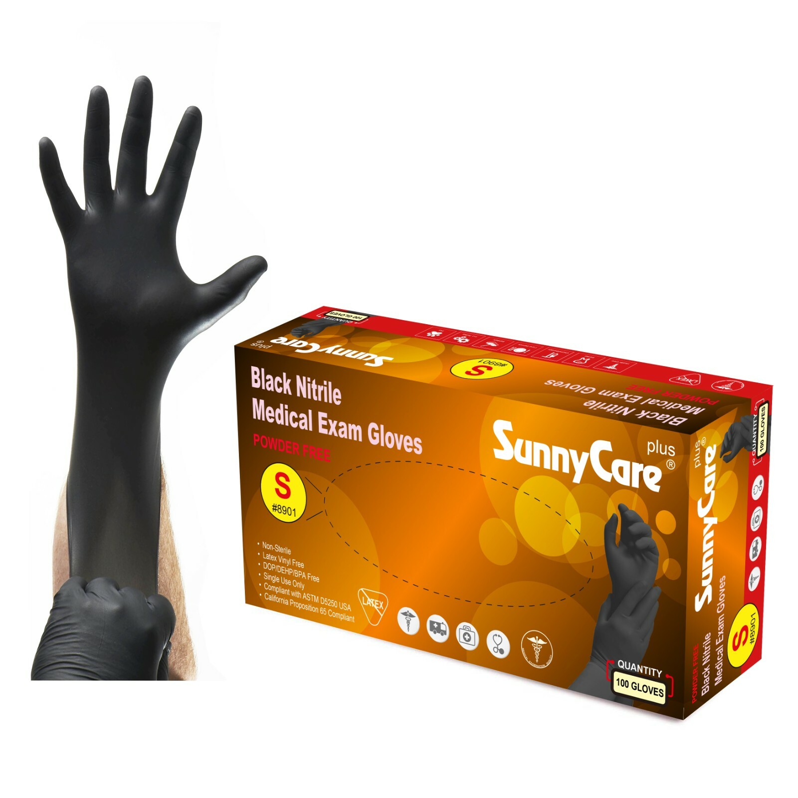 100 SunnyCare® 5Mil Black Nitrile Exam Gloves Powder Free (Non Vinyl Latex) S