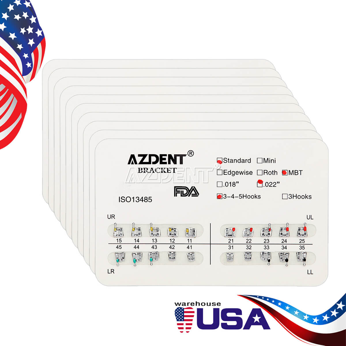 AZDENT Dental Orthodontic Metal Bracket Braces Standard MBT Slot 0.22 Hook 3-4-5