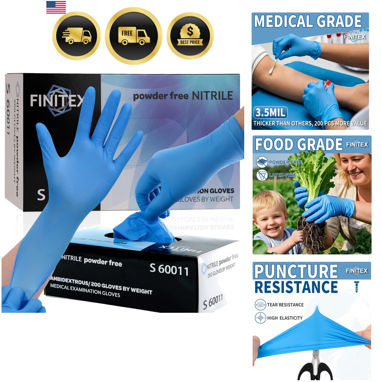 Blue Disposable Nitrile Exam Gloves – 200 PCS/BOX 3.5mil Rubber Powder-Free L…