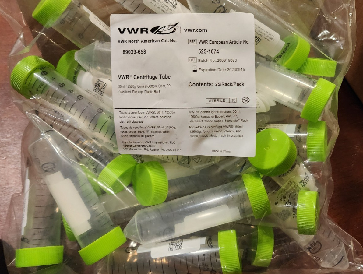 500x Lot 50 mL Sterile Conical Centrifuge Conical-Bottom Clear Tube Flat Cap VWR