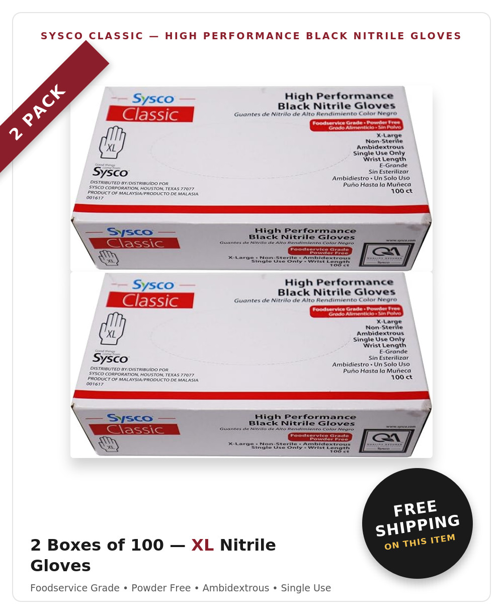 Sysco Classic Black Nitrile Gloves XL 100Ct Powder Free Disposable 2 pack
