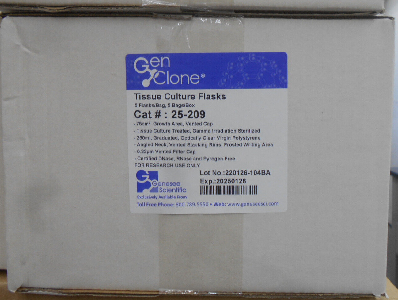 Genesee Scientific GenClone Tissue Culture Flask 25-209 Polystyrene 250ml 25/Box