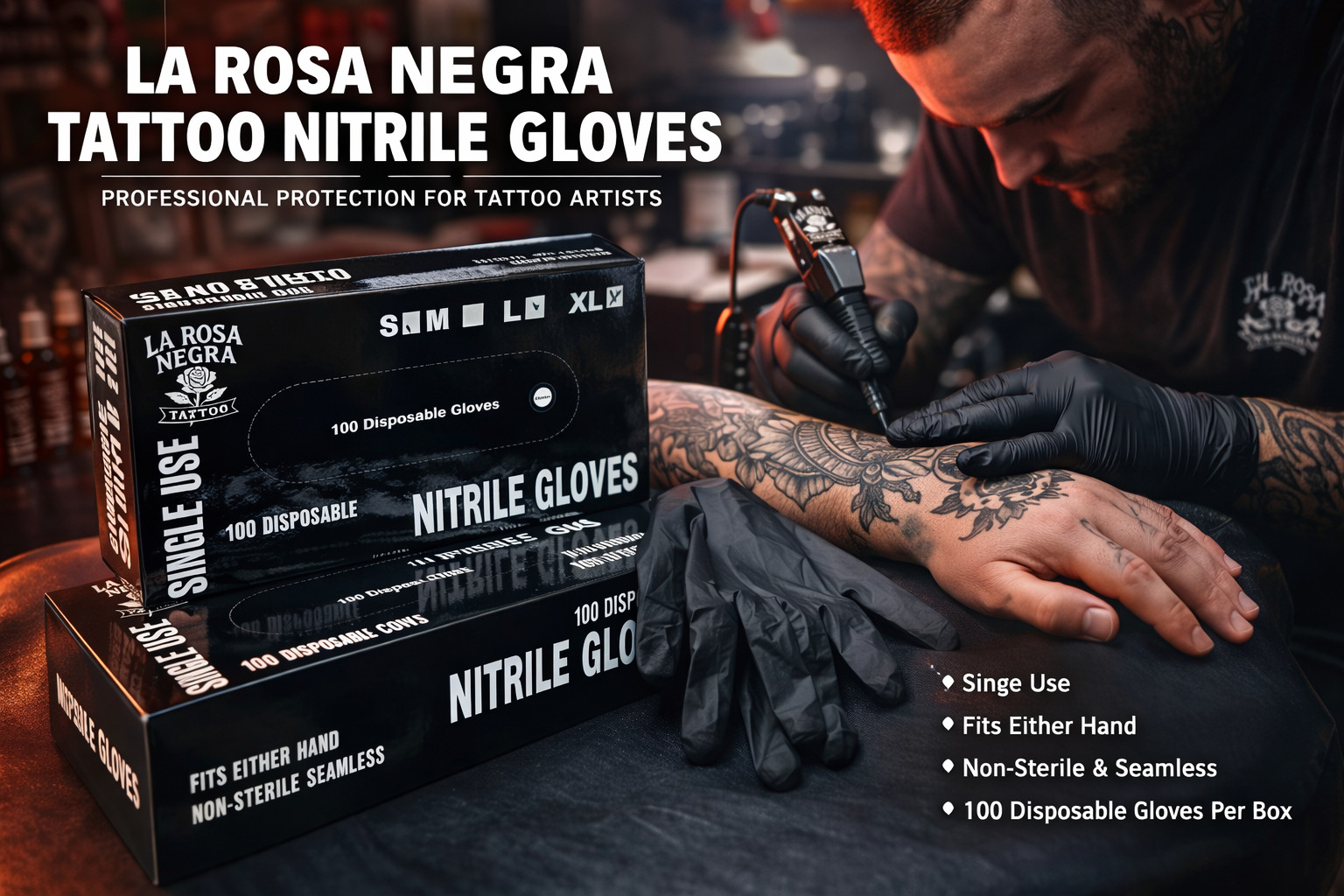 Disposable Nitrile Exam Gloves, 4 Mil Black, Powder-Free Heavy Duty Clean Glove