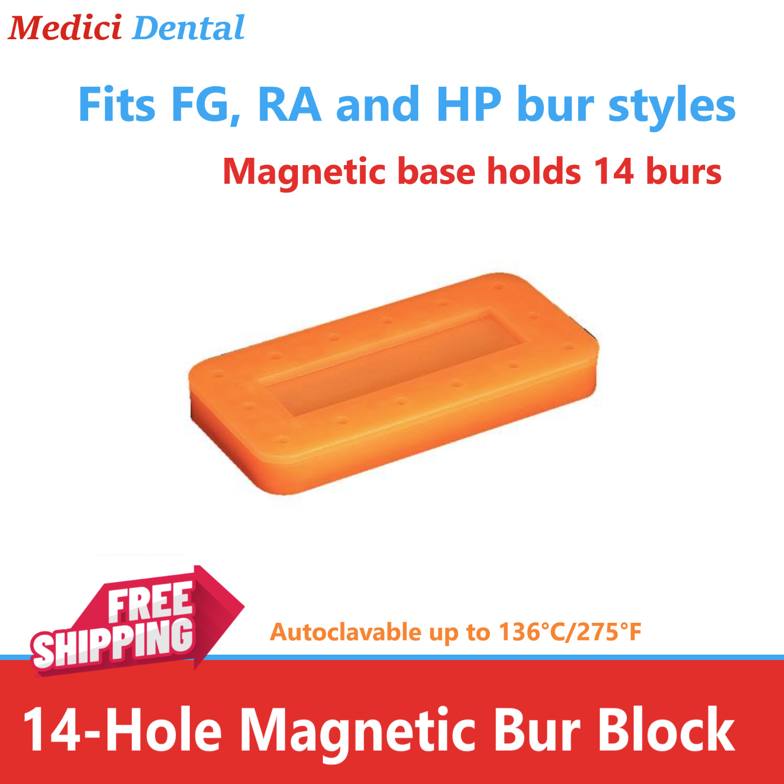 Dental Bur Block Magnetic RECTANGULAR Lab Holder Station Hold 14 Burs FG, HP, RA