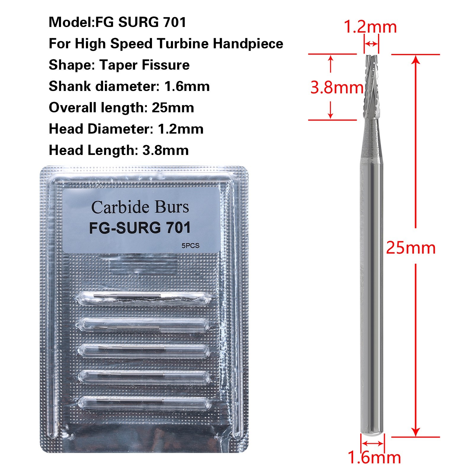 Dental Burs Carbide Surgical High Speed Taper Fissure Crosscut FG SURG 701 ns