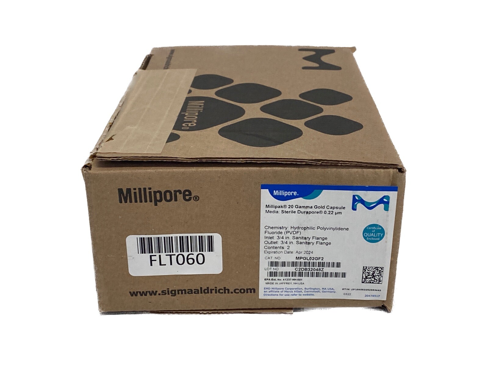 (2/Pk) MILLIPORE Millipak 20 Gamma Gold Filter Capsule Durapore 0.22um PVDF 3/4”
