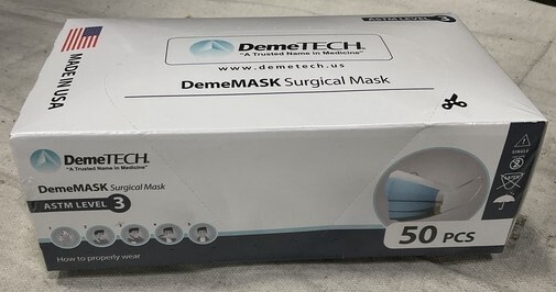 DEMETECH ASTM Level 3, Box of 50, 3 Layer Face Mask W/Ear Loops, Made in USA