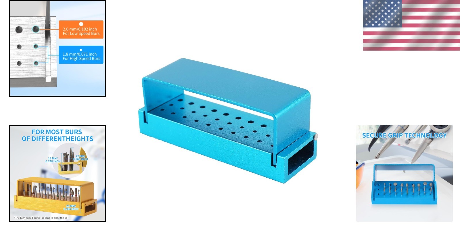 High-Temperature Resistant Dental Bur Block with Flip-Top Cover in Elegant Blue
