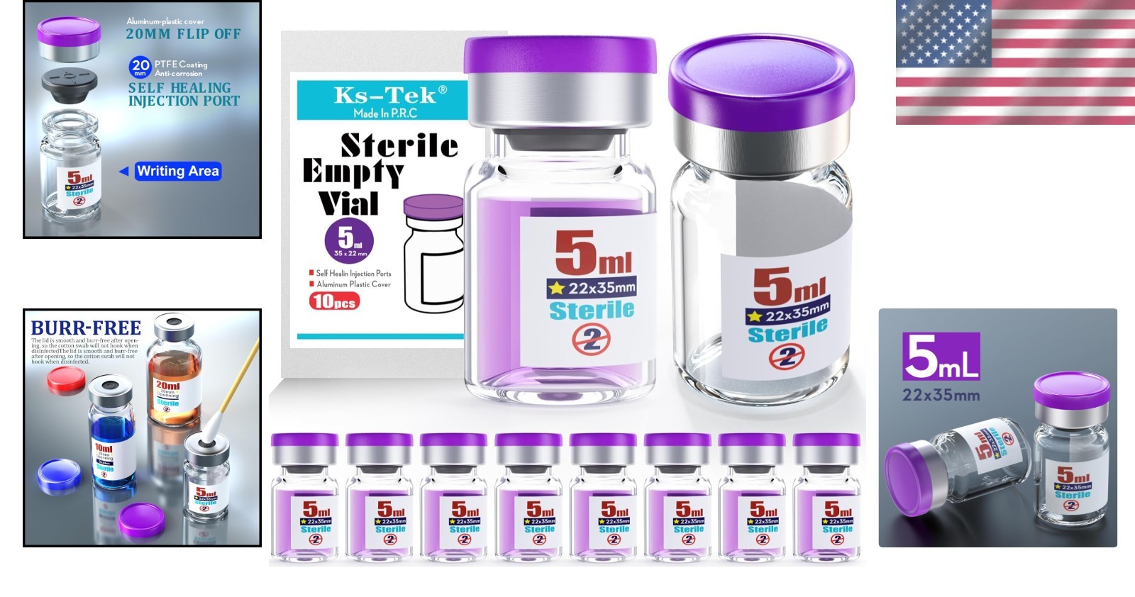 Sterile Empty Vials 5ml Self Healing Injection Port Aluminum Cap 10pcs