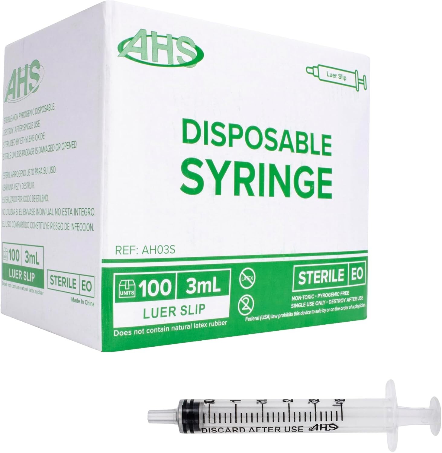 AHS 3ml 3cc Luer Slip Syringe, Sterile, 100/Box, Syringe Only No Needle
