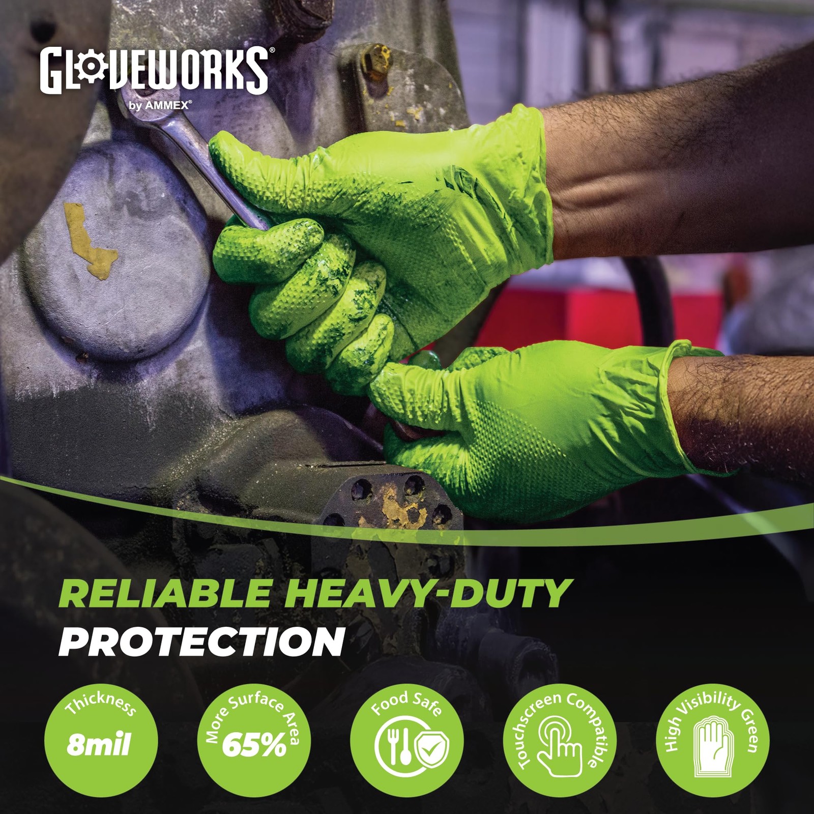 HD Green Nitrile Industrial Disposable Gloves, 8 Mil, Latex-Free, Raised Diam…