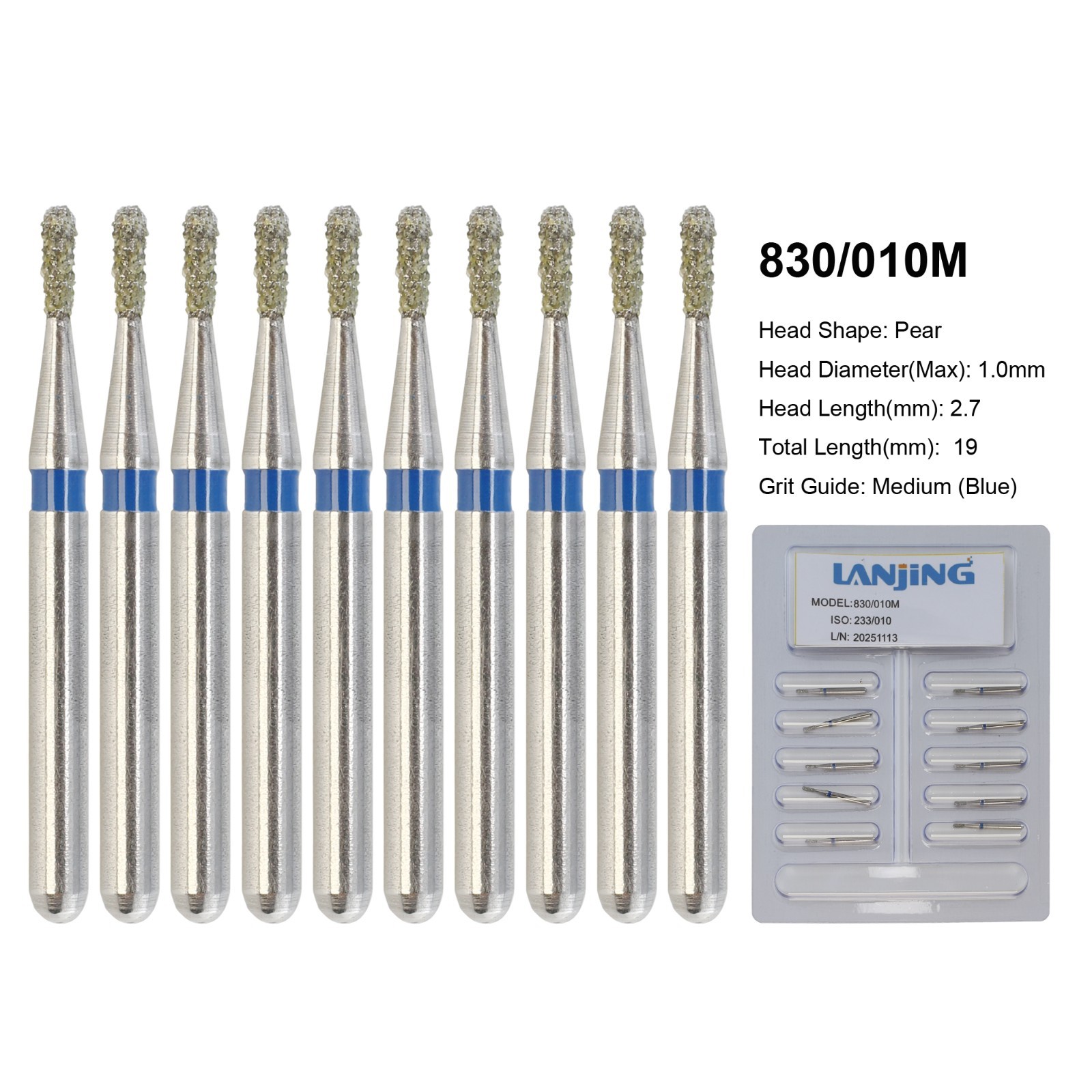 Dental Diamond Burs Pear Shape 830/010M Medium Grit FG High Speed Bur 330