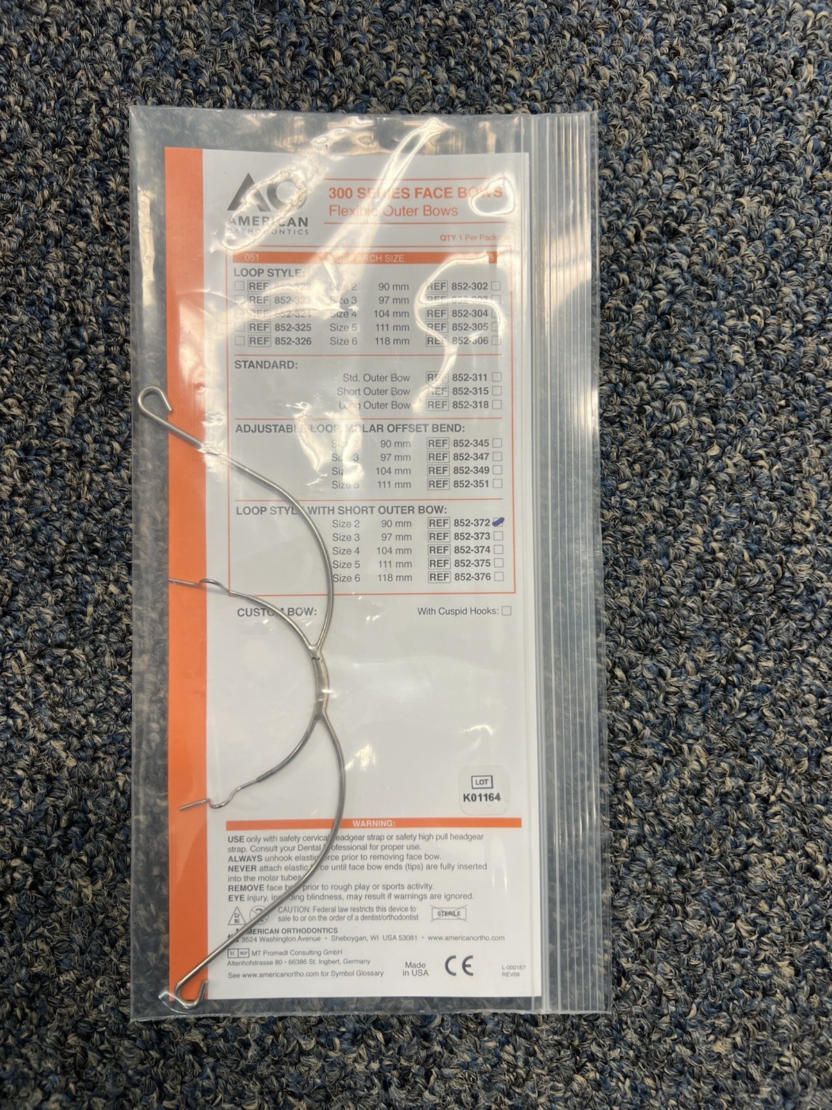 AO American Orthodontic Face Bows 852-372 Loop Style With Short Outer Bow