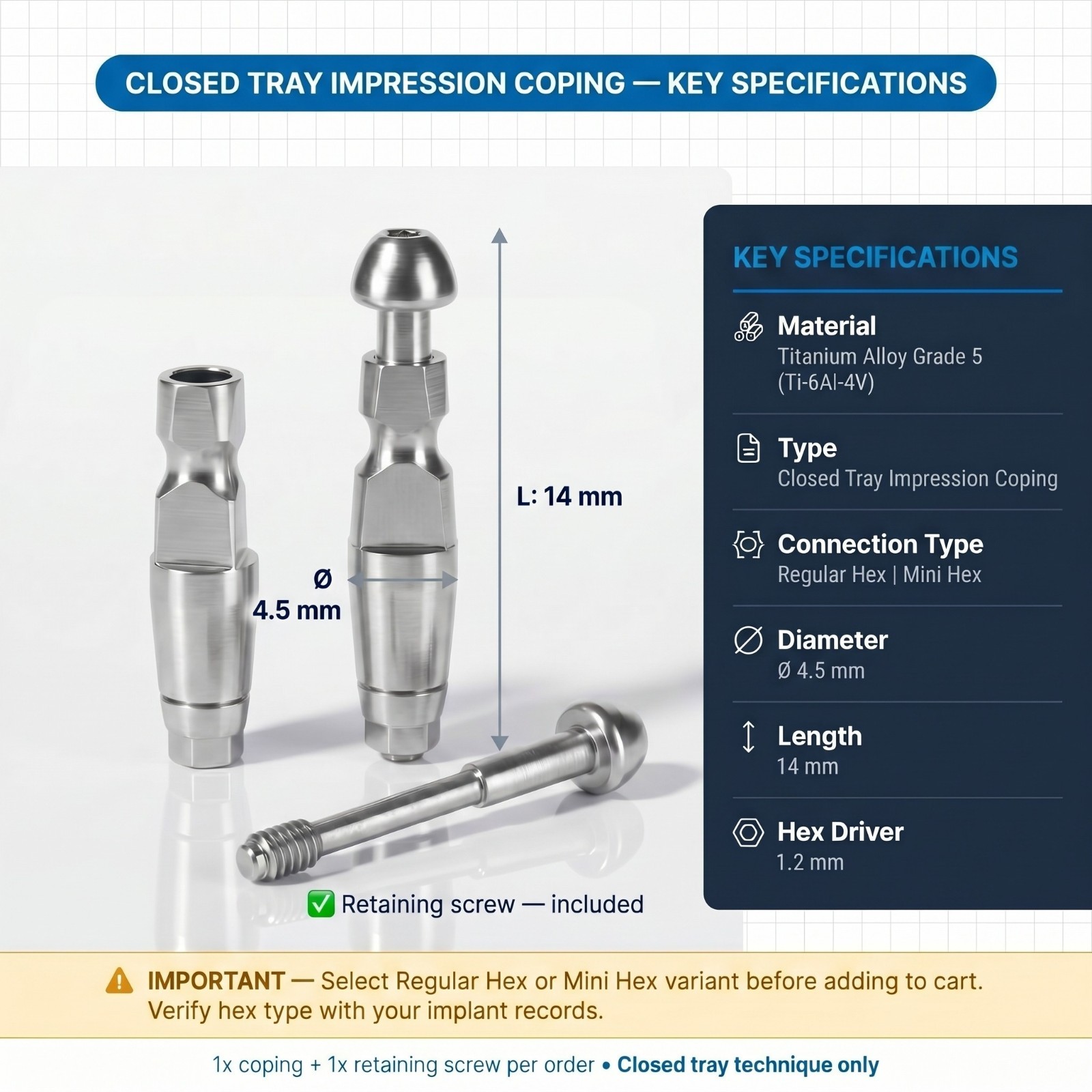 US Impression Transfer Coping Mini & Regular Hex Open / Closed Tray Hiossen ET