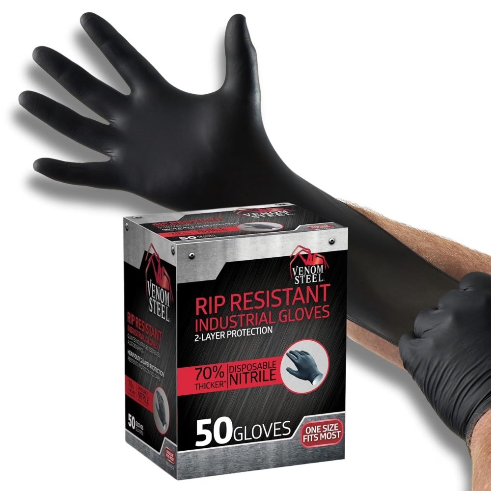 Steel Premium Industrial Nitrile Gloves, One Size Fits Most, Black, 50 Count
