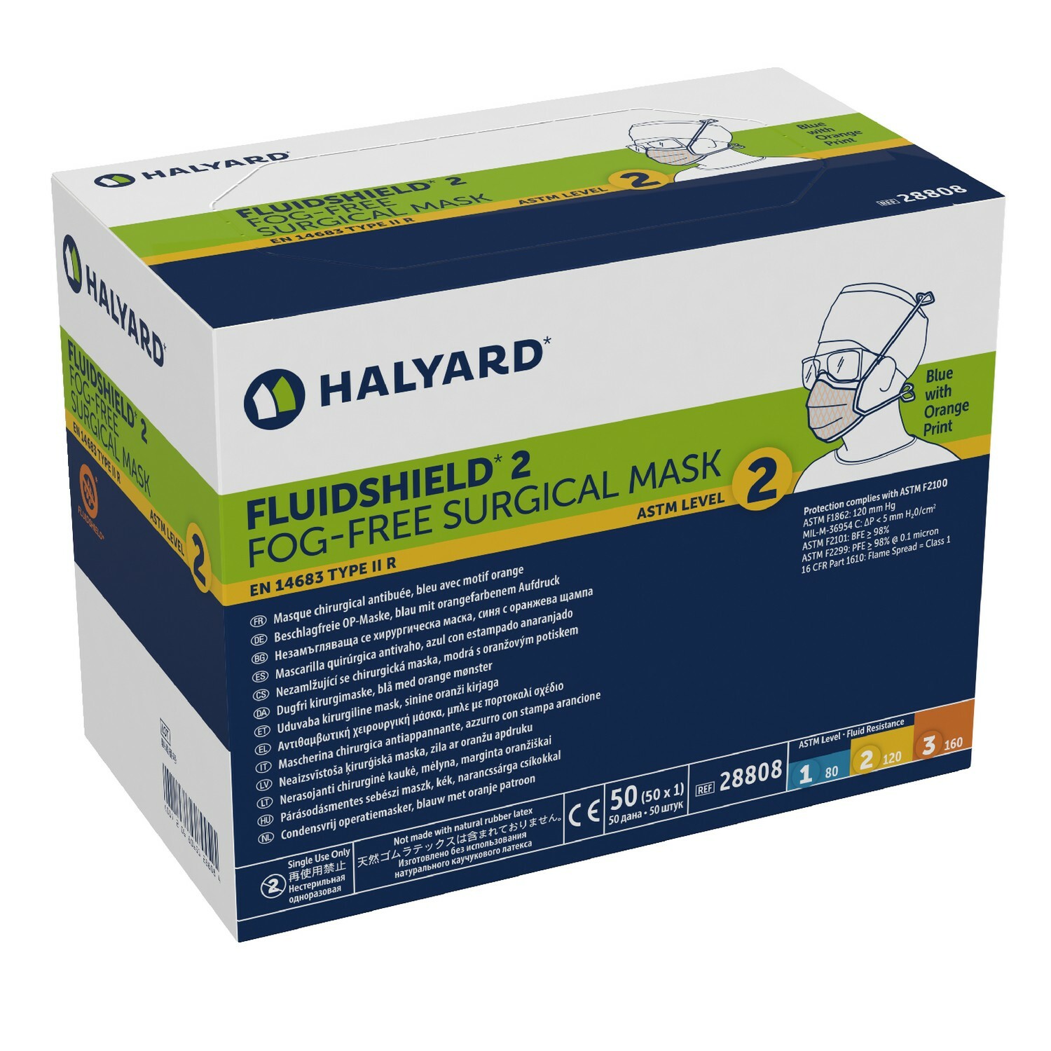 *50-Pieces* Halyard FluidShield ASTM Level 2 Fog-Free Surgical Face Mask 28808