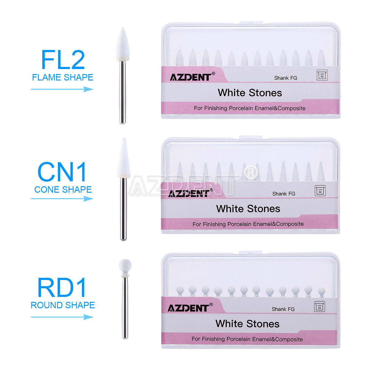 Dental White Stone Porcelain Resin Handpiece Polishing Burs FG Cone /Flame/Round