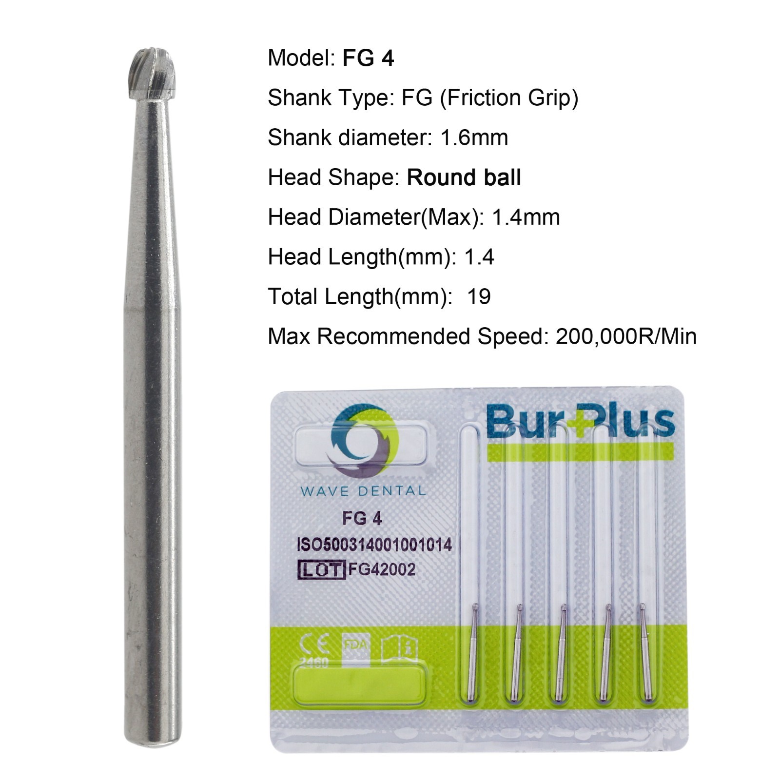 WAVE Dental Round Carbide Burs Tungsten FG 4 19mm Friction Grip for High Speed