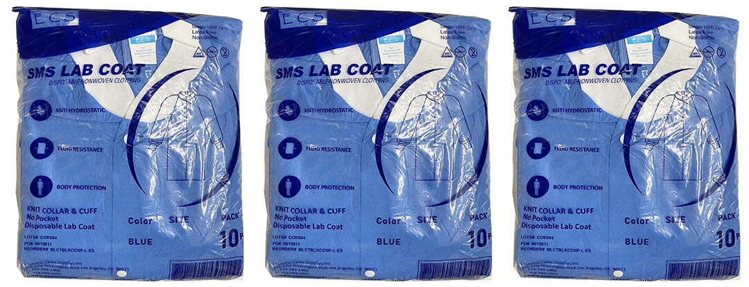 Premium SMS Med Lab Coat, Disposable, Blue, Knee Length, No Pocket 30Pcs/1Case