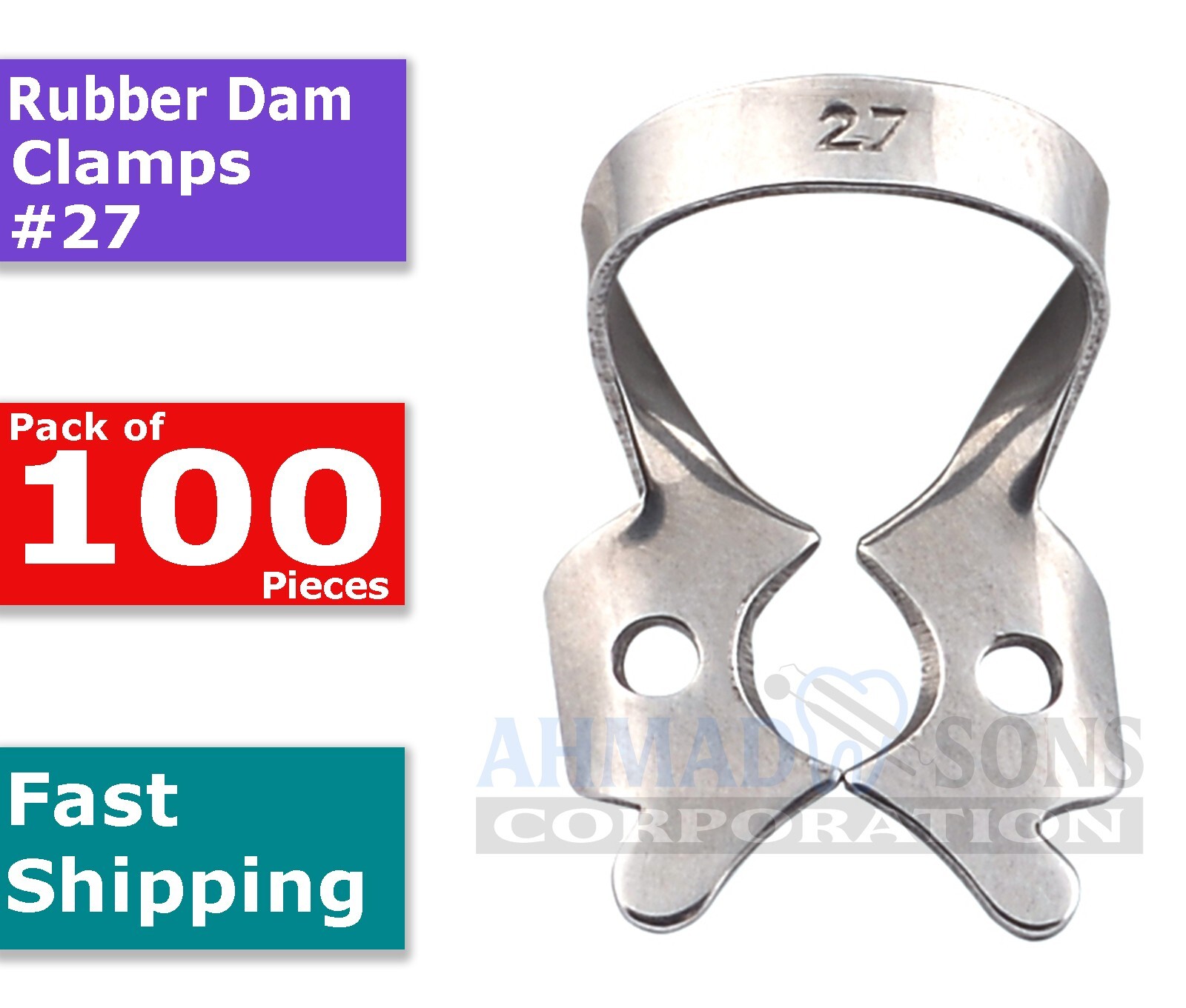 100 Pcs Endodontics Rubber Dam Clamps #27 Dental General Large Molars Winged USA