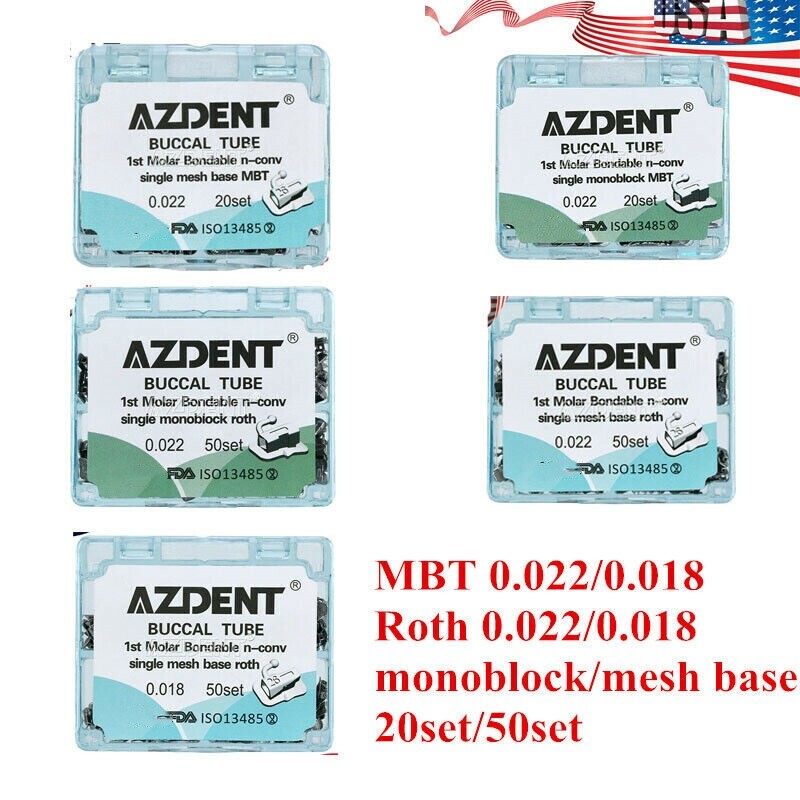 Orthodontic Bondable Mesh Base Buccal Tubes MBT/ Roth 022/018 1st Molar Non-Conv