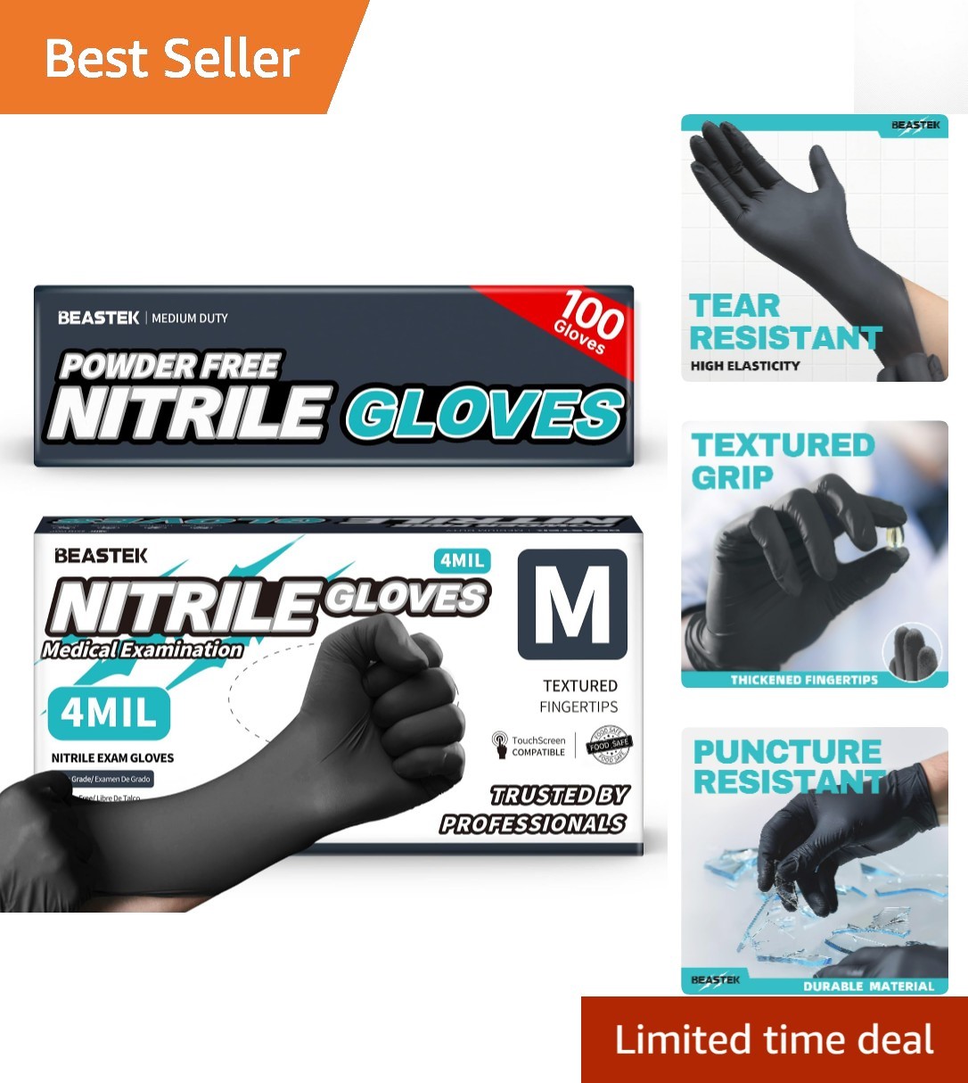 Medium Black Nitrile Gloves – 100 Pack, Waterproof & Tear-Resistant for All Uses