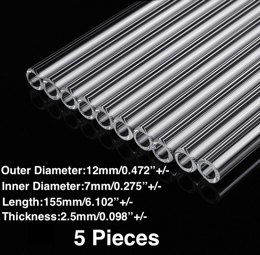 Lot Of 5 6″ Pyrex Glass Blowing Tubes 12 mm OD 7 mm ID Tubing 2.5 mm Thickness