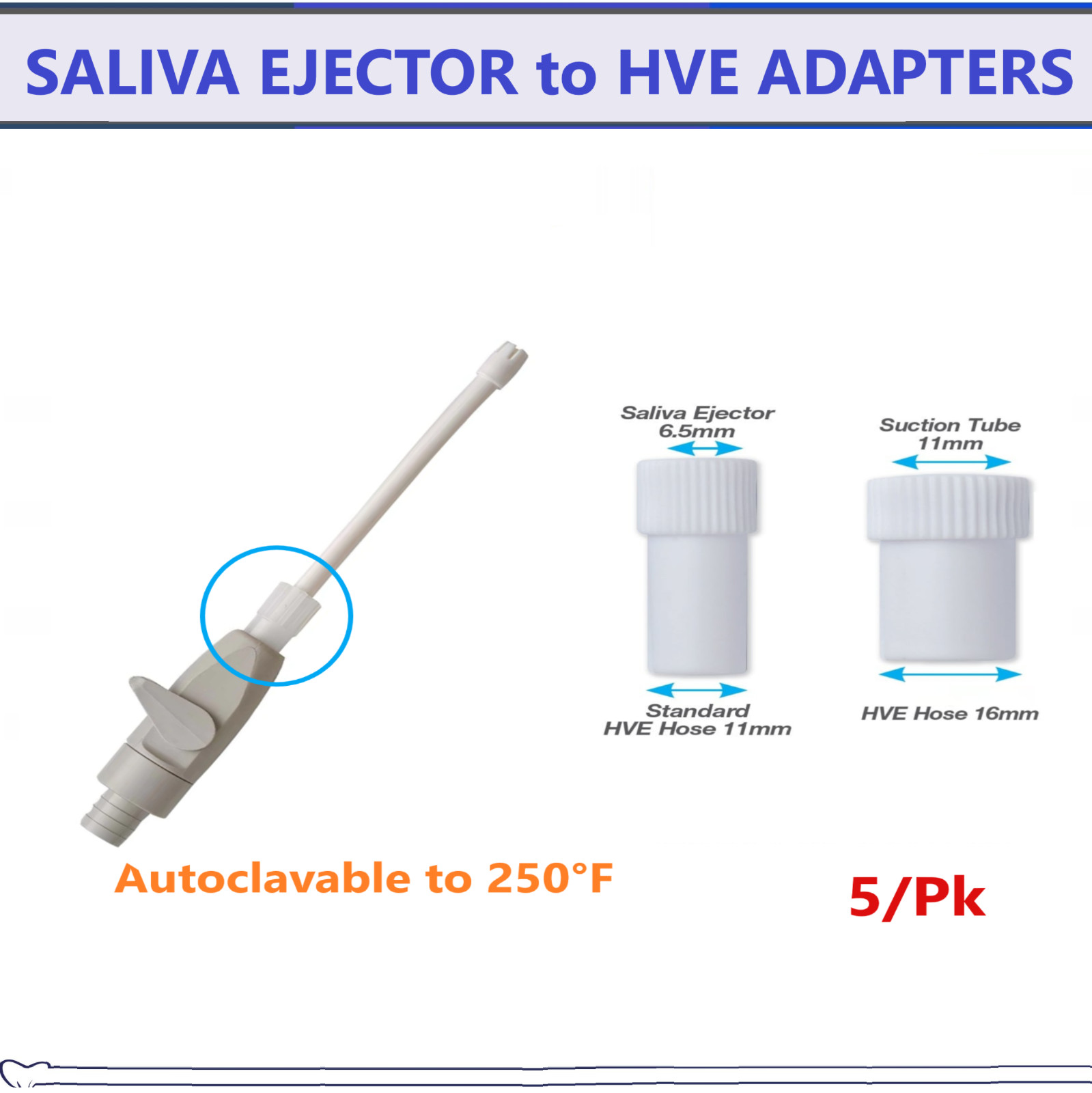 Dental SALIVA EJECTOR to HVE ADAPTERS, White, Autoclavable to 250°F, 5/Pack