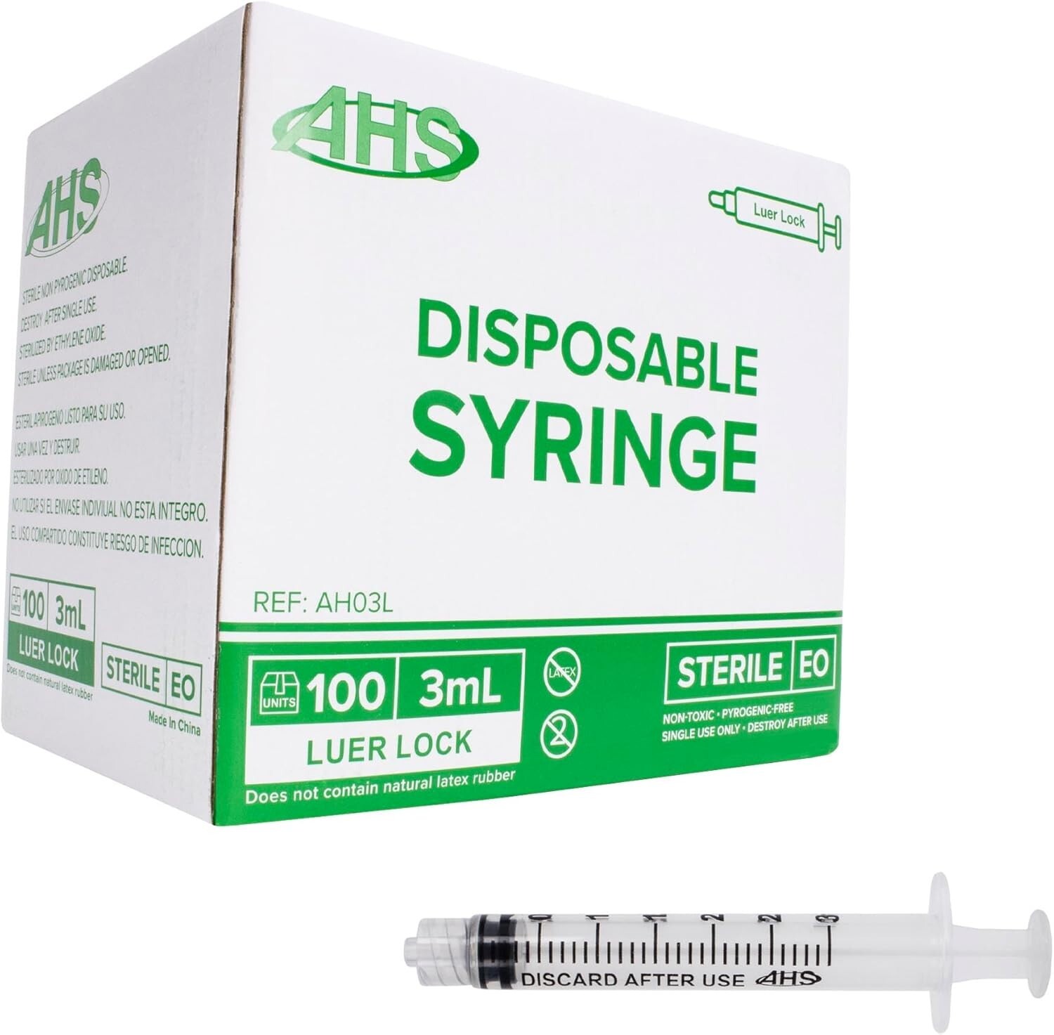 AHS Syringes, 3mL Luer Lock, 100/Box