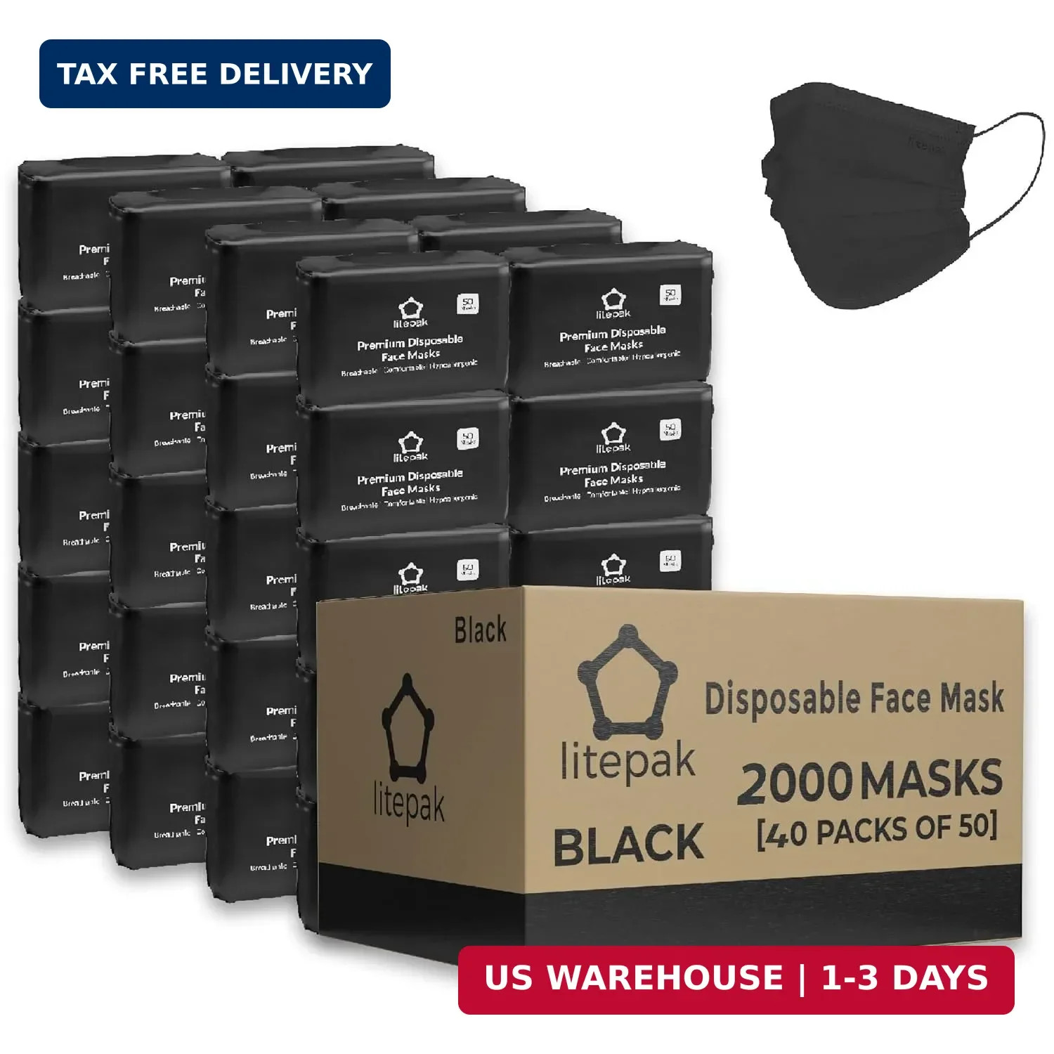 2,000pcs Disposable Face Masks- 3 Ply Breathable Mask For Adults – Black (40 Pac