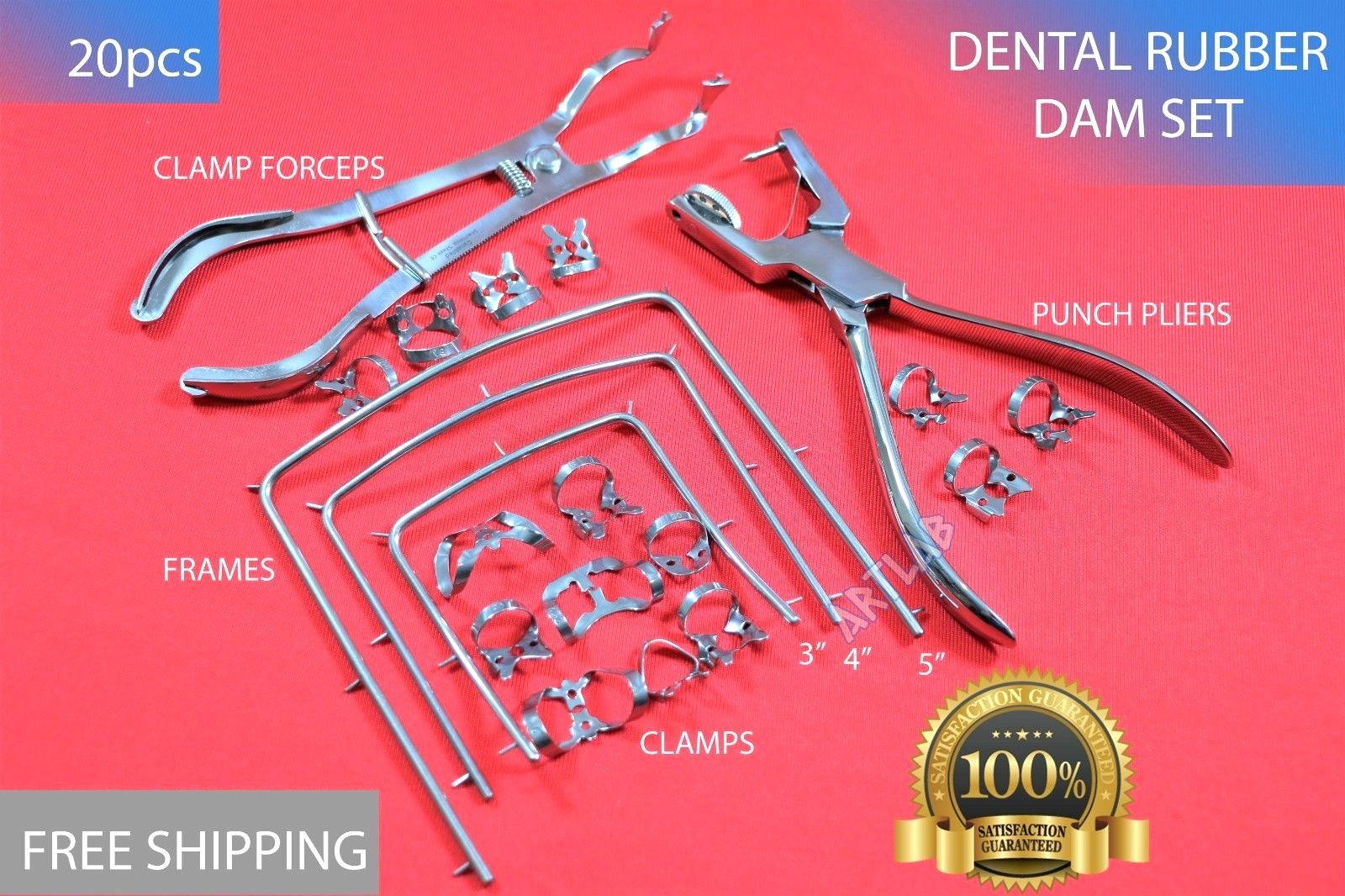 20PCS SET HIGH GRADE RUBBER DAM CLAMPS + FRAMES + PUNCH PLIERS + CLAMP FORCEPS