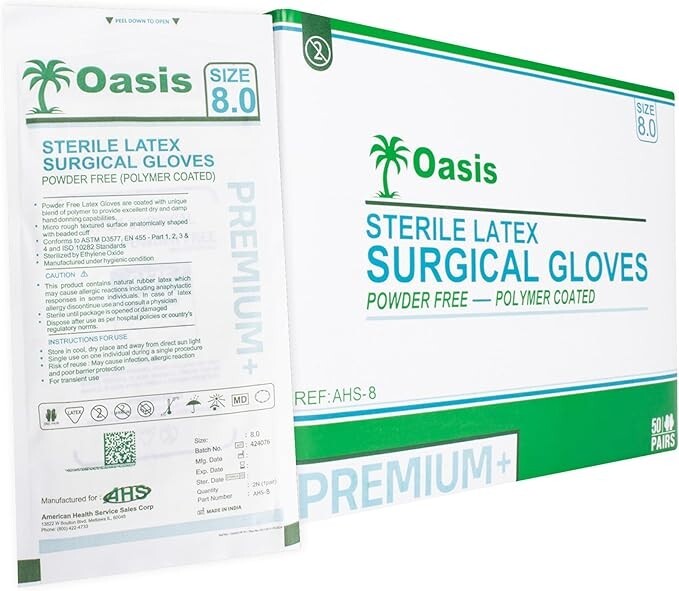 Sterile Latex Surgical Gloves, Size 8, Powder-Free, 50 Pairs/Box