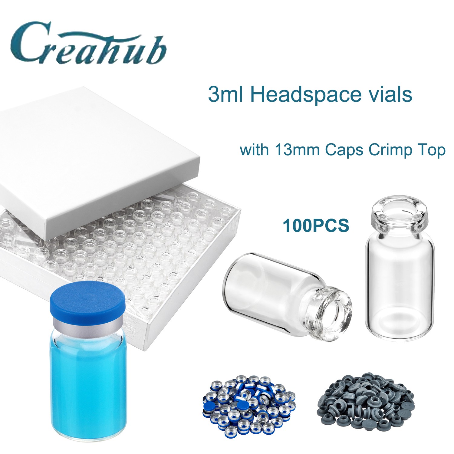 100x 3ml Glass Vials Headspace Vials Clear Lab Vials w/ Caps 13mm Crimp Top USA