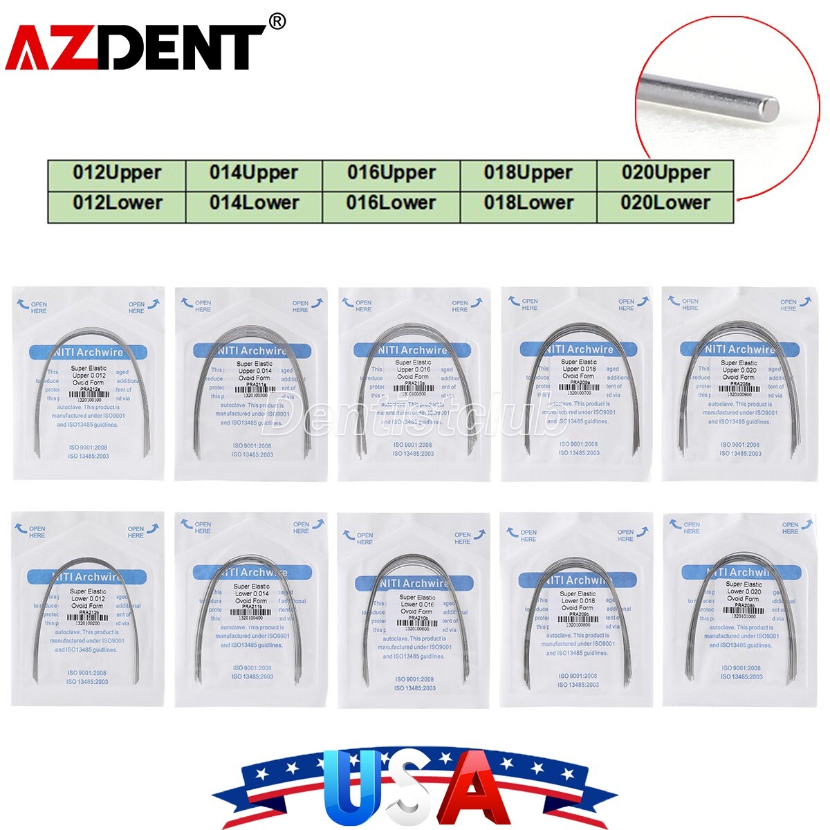 100pcs AZDENT Dental Orthodontic Super Elastic Niti Round Arch Wires Ovoid Form