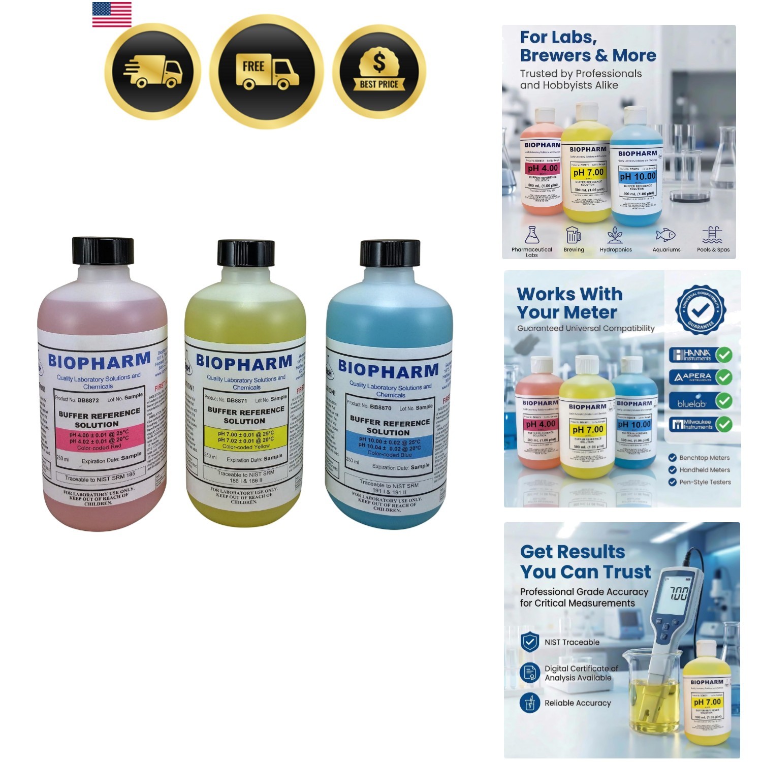 pH Calibration Buffer 3-Pack, 250 mL 8.4 fl oz Each: pH 4.00, pH 7.00, and pH…