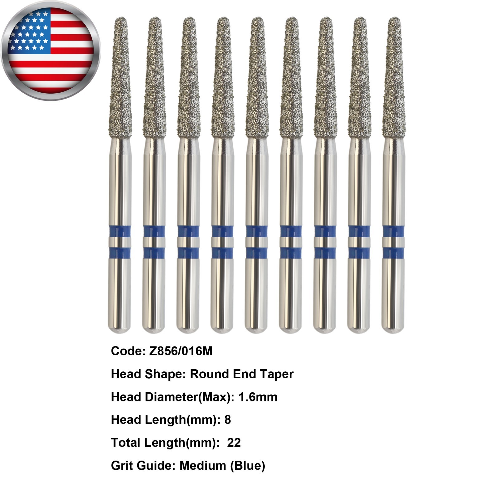 Zirconia Diamond Burs Crown Cutter Round End Taper Z856/016M Dental Medium Grit