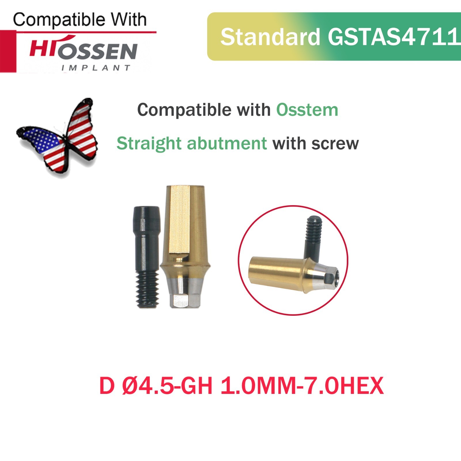 Regular Straight Transfer Abutment Internal Hex Fit Hiossen ET/Osstem TS Ø4.5mm