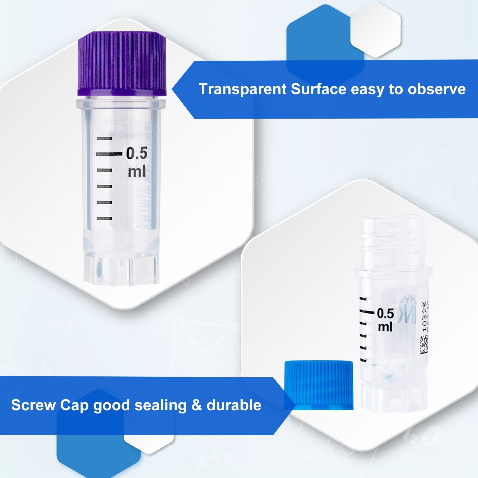 Cryogenic Vials with Side Bardcode-0.5 ml, External, 25/Bag, 500/Pk, 1000/Case