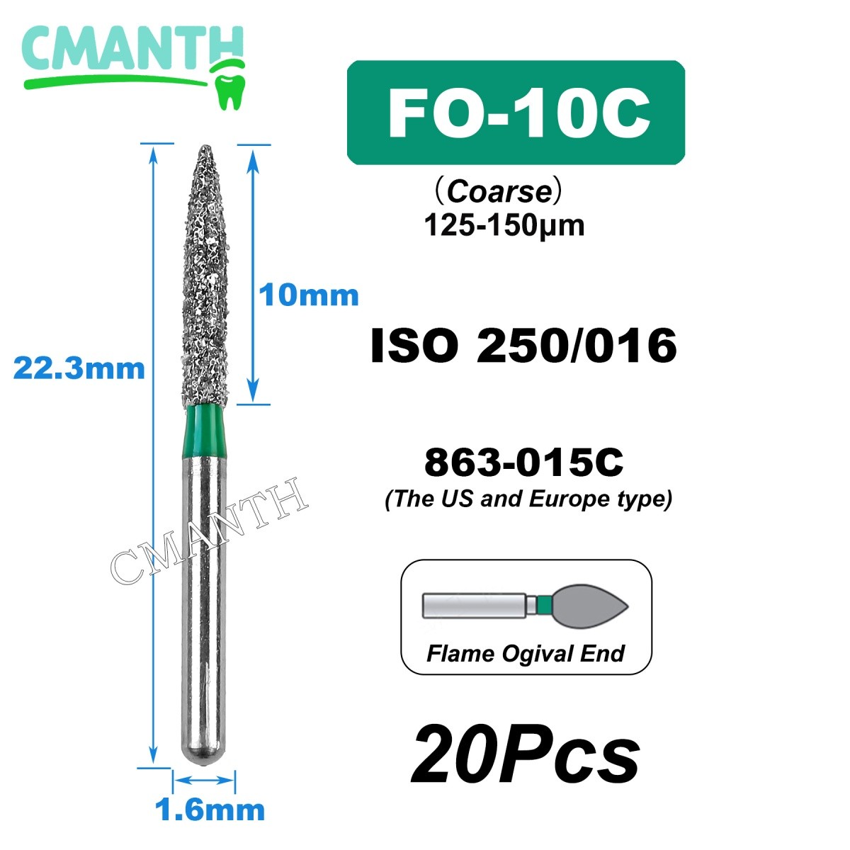 20Pcs US Dental Diamond Burs High Speed Burs Dental Lab Polishing Drills 1.6mm