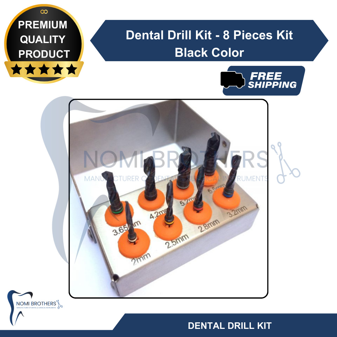 8-Piece Titanium Coated Dental Drill Kit – Black, CE Certified, Autoclavable