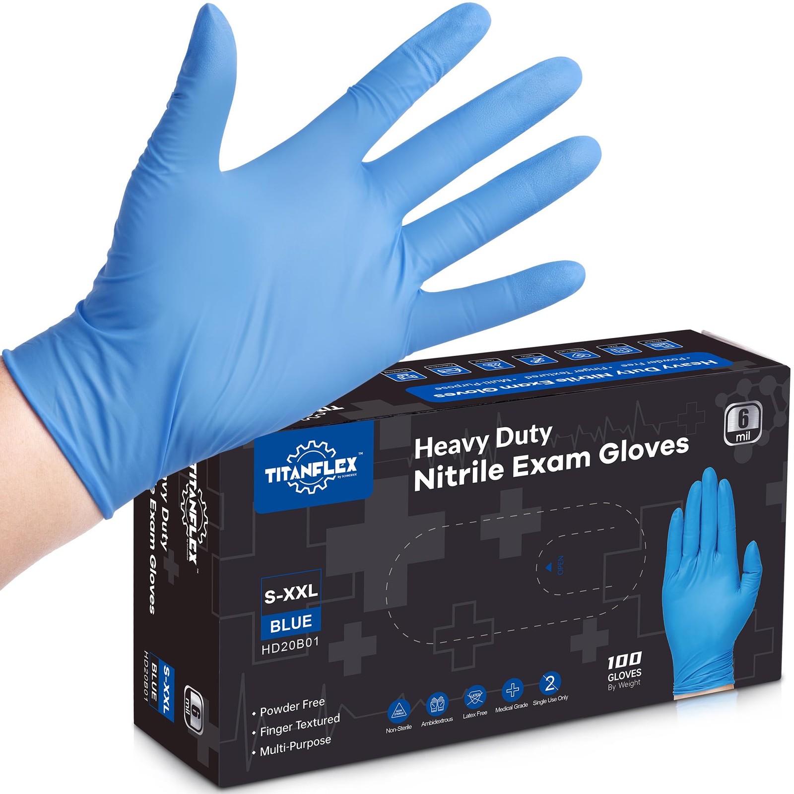 TitanFlex Nitrile Exam Gloves, Blue, 6-mil, XL, Box of 100, Heavy Duty Nitril…