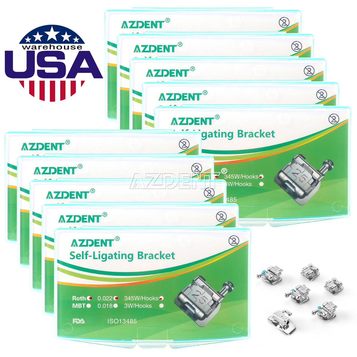 AZDENT Dental Orthodontic Self-Ligating Brackets Braces Mini Roth.022 Hooks 345
