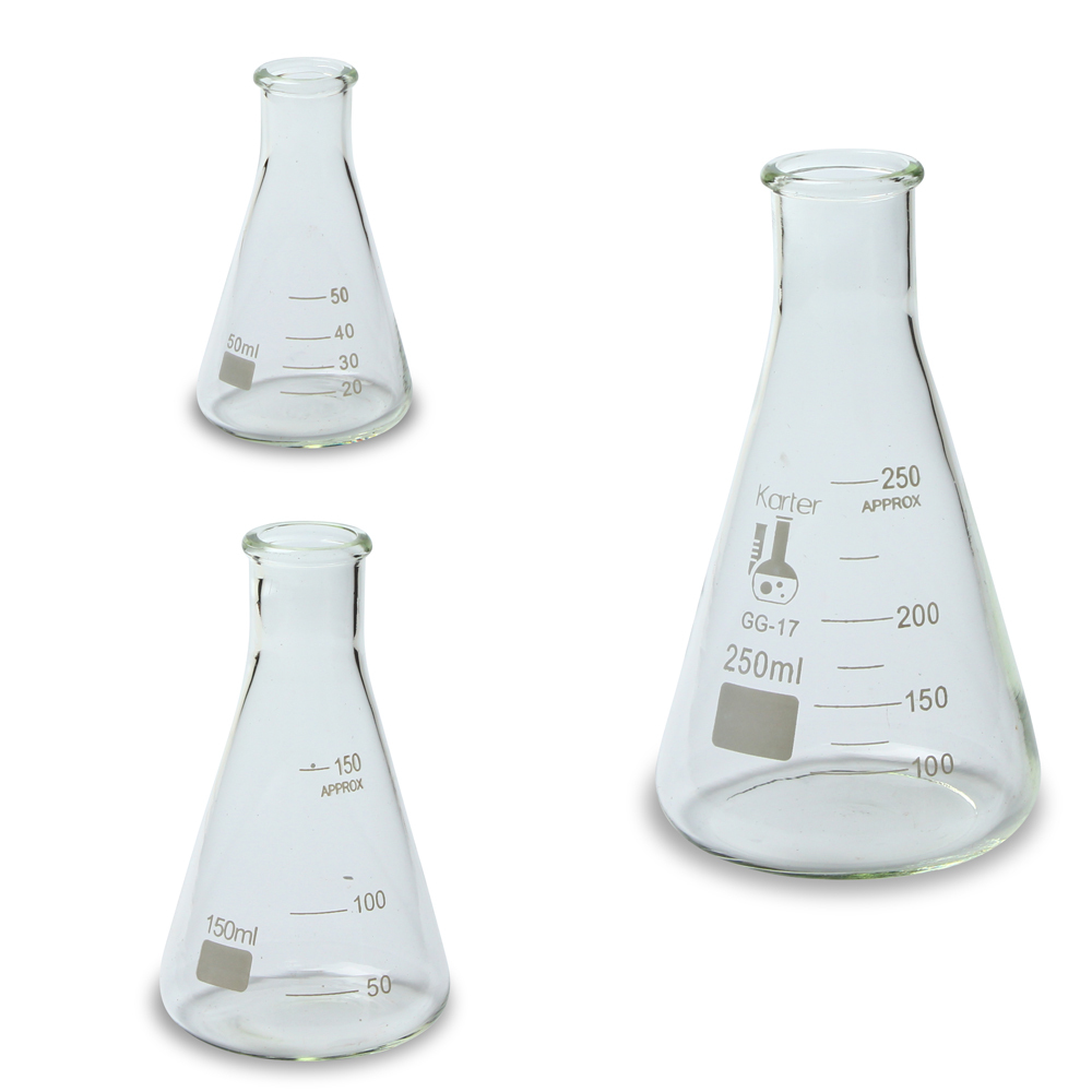 Glass Erlenmeyer Flask Set – 3 Sizes – 50, 150 and 250ml, Glass (Case of 8)