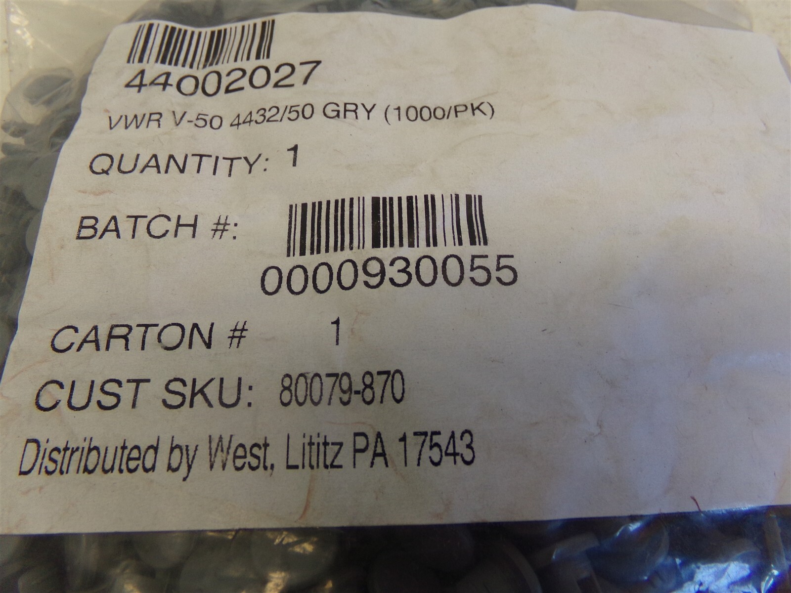 Bag of 1000, VWR (V-50 4432/50) 2-Leg Lyophilization Stoppers 13mm Gray Neoprene