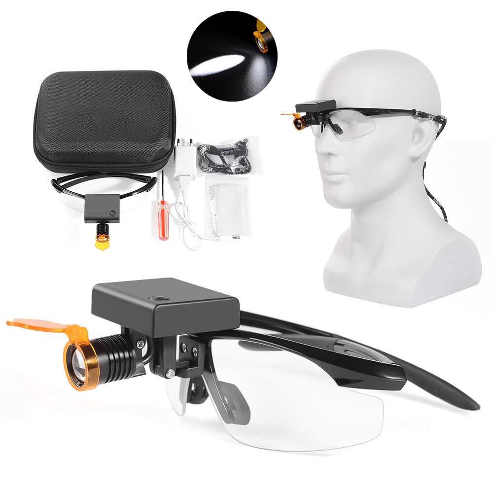 Dental Medical 3W LED Wireless Head Light with Filter & Glasses 2 in 1 Black USA